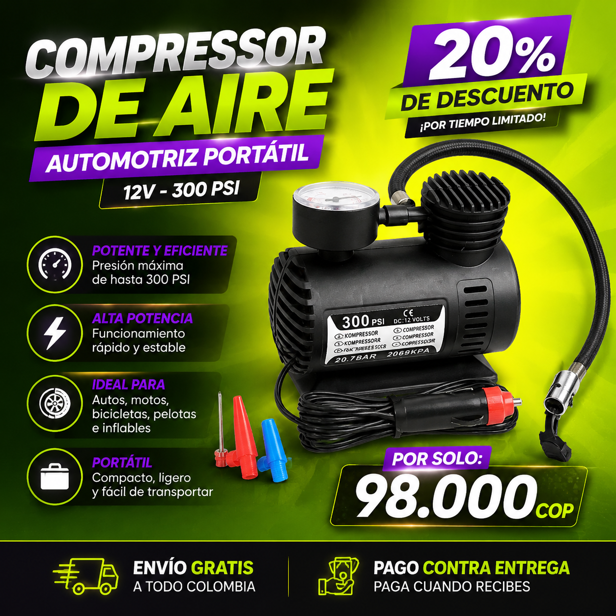 A110 Compresor Force Pro – Inflado Rápido en Cualquier Lugar Seguridad y Tranquilidad en Tus Viajes