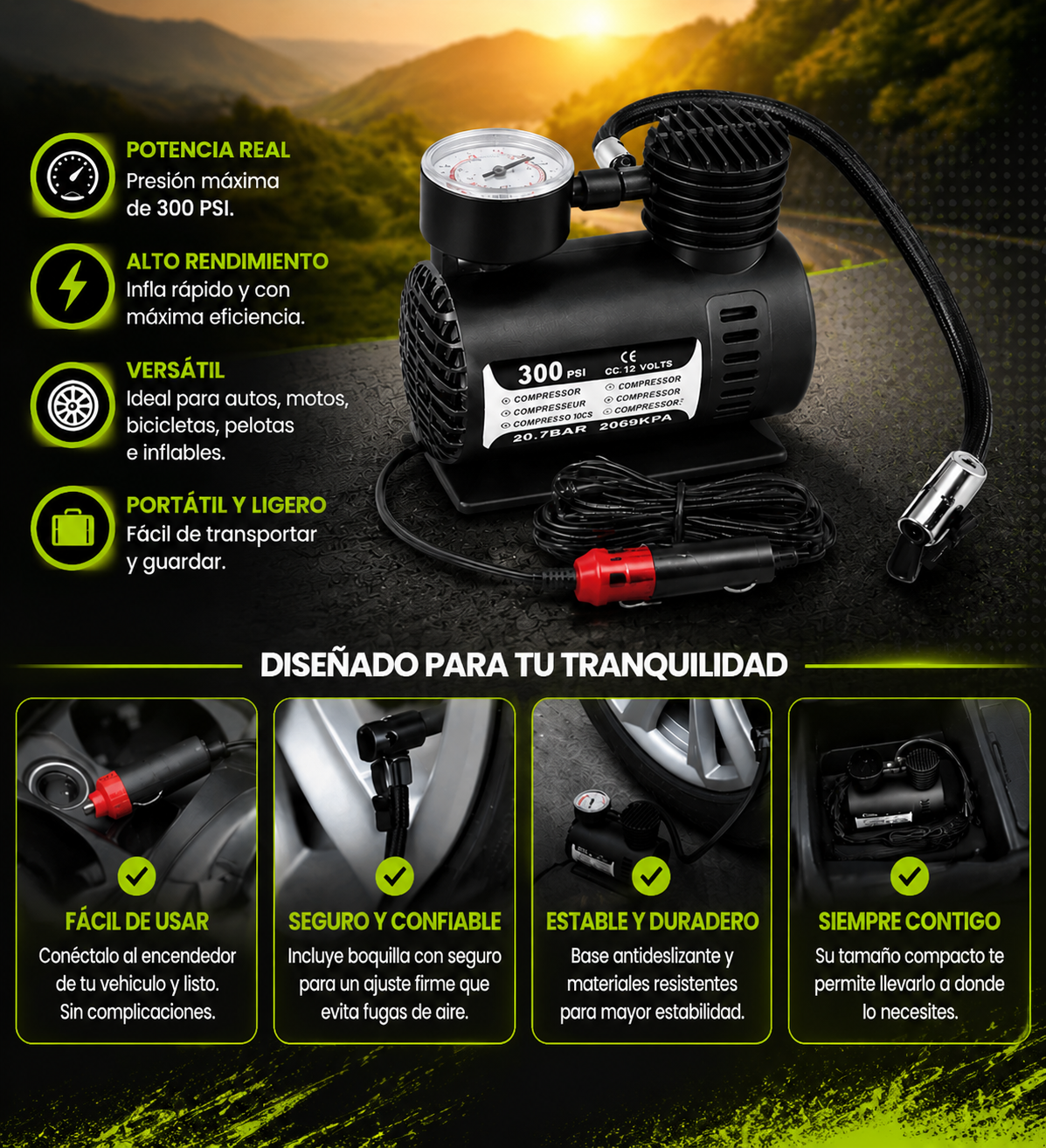 A110 Compresor Force Pro – Inflado Rápido en Cualquier Lugar Seguridad y Tranquilidad en Tus Viajes