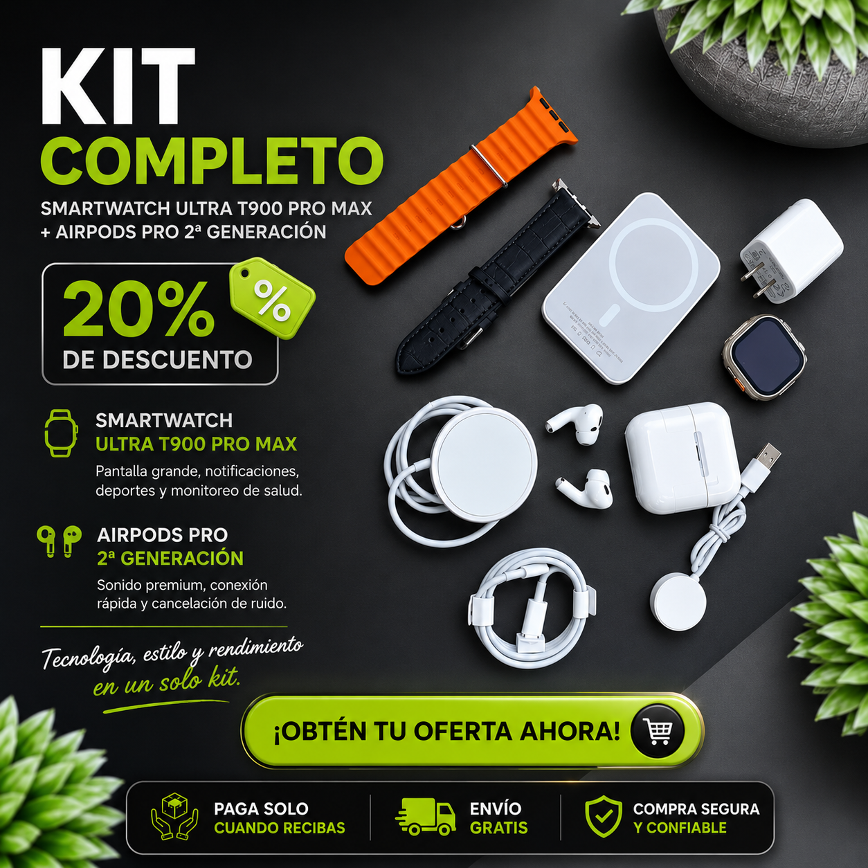 COMBO RELOJ SMARTWATCH ULTRA + AUDÍFONOS BLUETOOTH K14 PRO y ACCESSORIOS