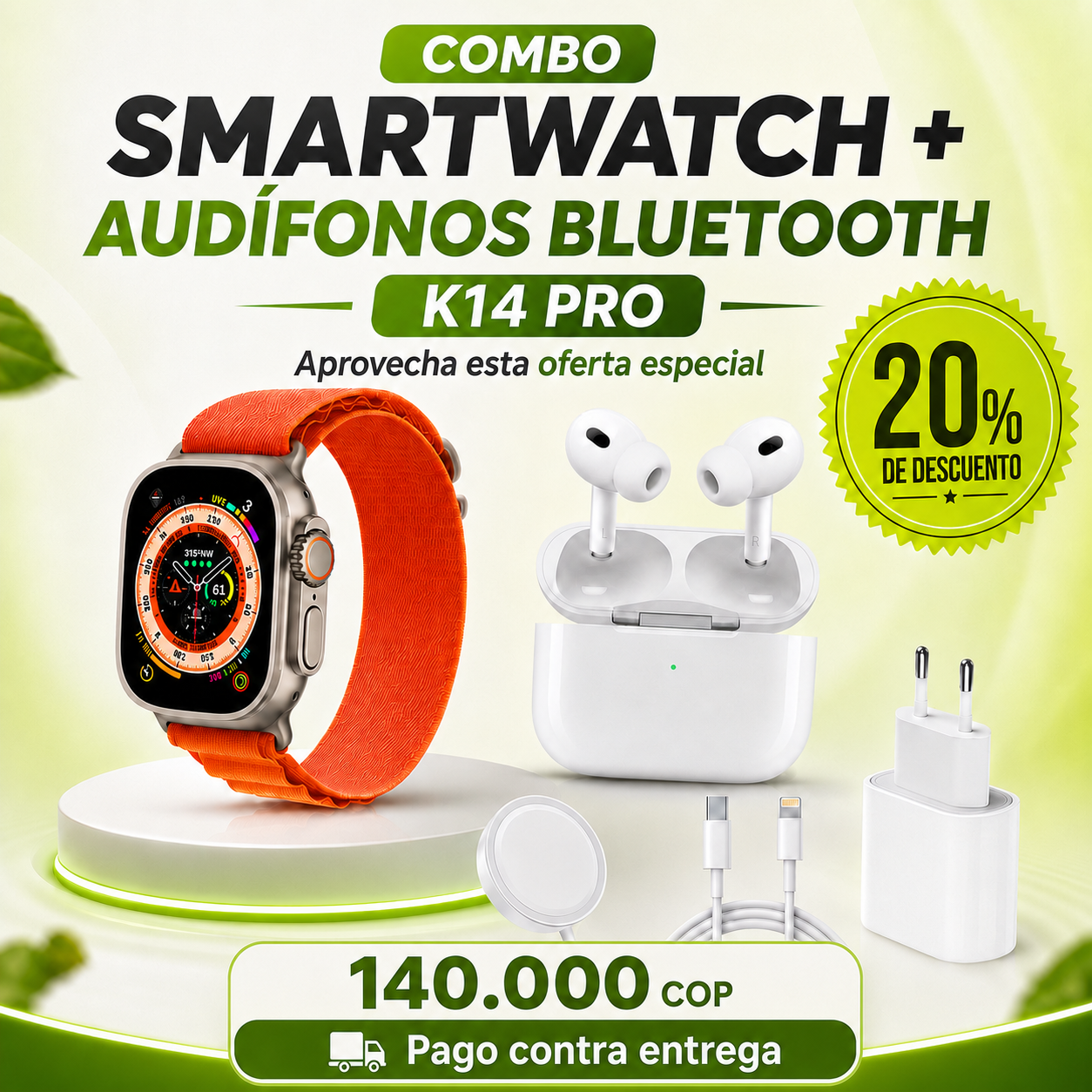 COMBO RELOJ SMARTWATCH ULTRA + AUDÍFONOS BLUETOOTH K14 PRO y ACCESSORIOS